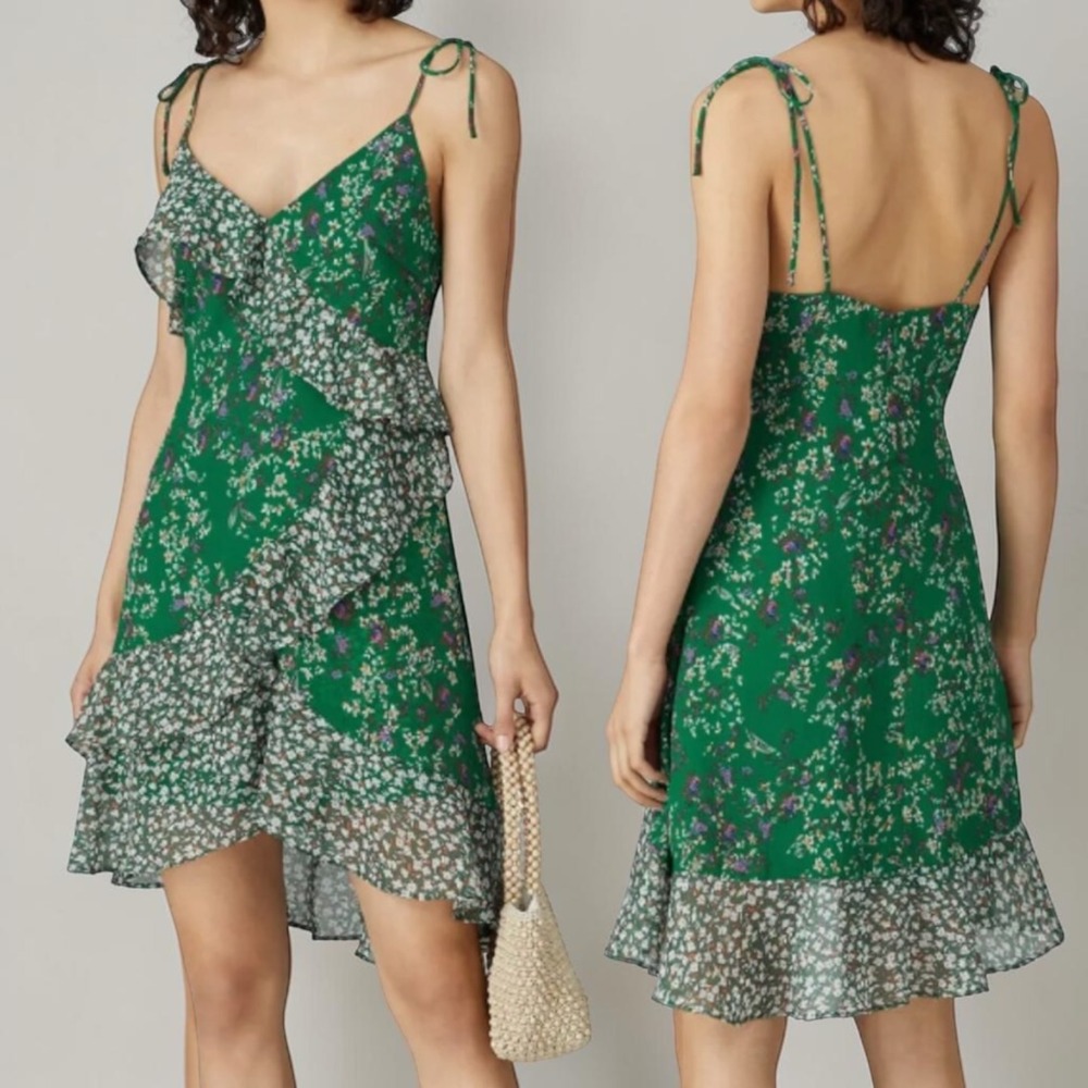 ASTR The Label Floral Mix Mini Dress ‎ Asymmetrical Ruffled Green L Garden Party